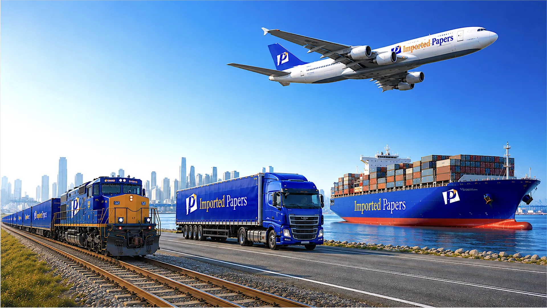 Imported Papers international logistics fleet with air, sea, rail, and road transport.