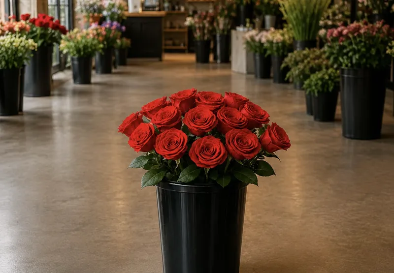 Plastic flower buckets in a horticulture setting.